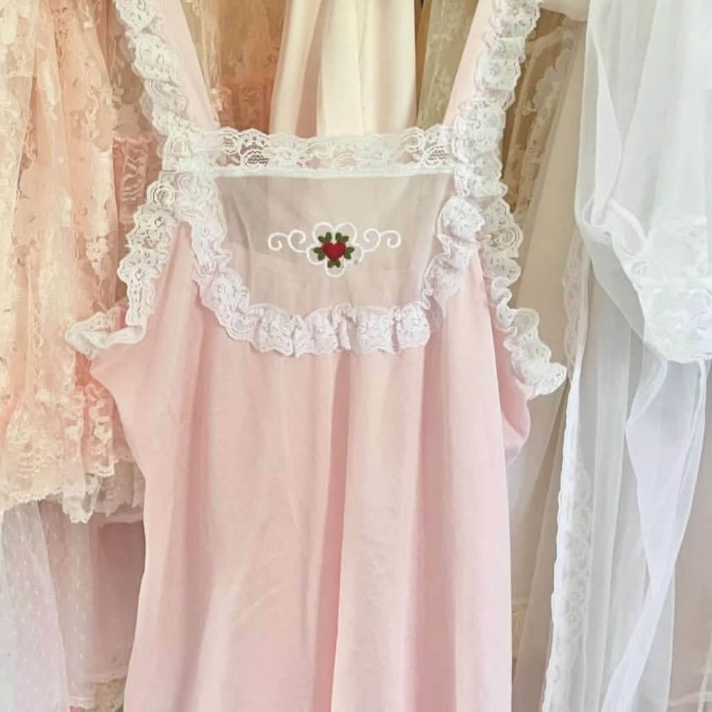 Vintage Pink Coquette Embroidered Lace Babydoll Top Valentine's Day